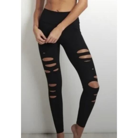 ALO Yoga Womens Ripped Warrior High Waist Leggings Pants XS Black Gym Workout - Picture 1 of 9